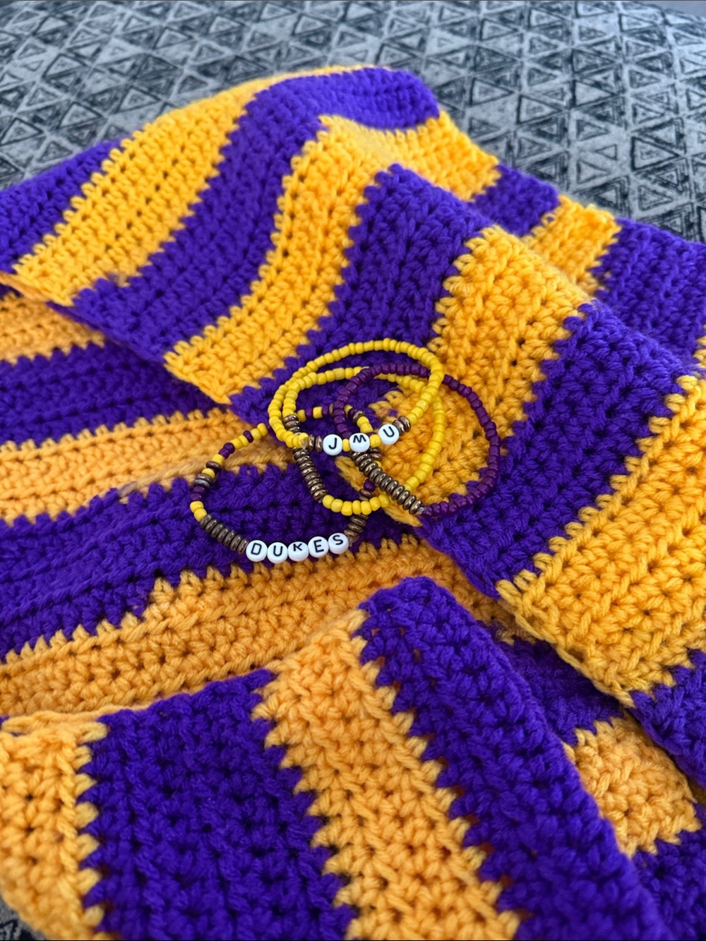 JMU Handmade Scarf and Bracelets Set in Purple and Yellow